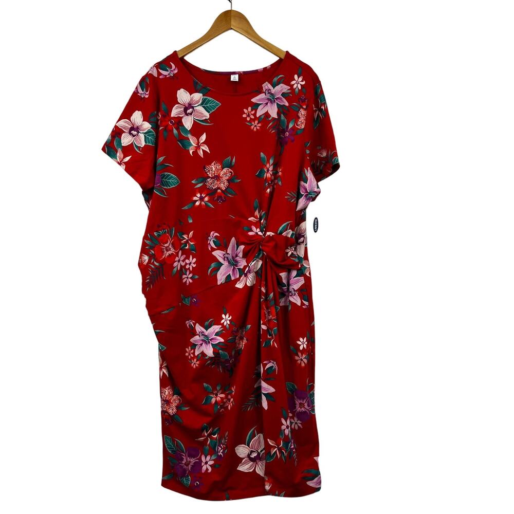 Old Navy Dress Woman Hawaii Floral Twist Front Sheath Dress Short Sleeve‎ Red 4X